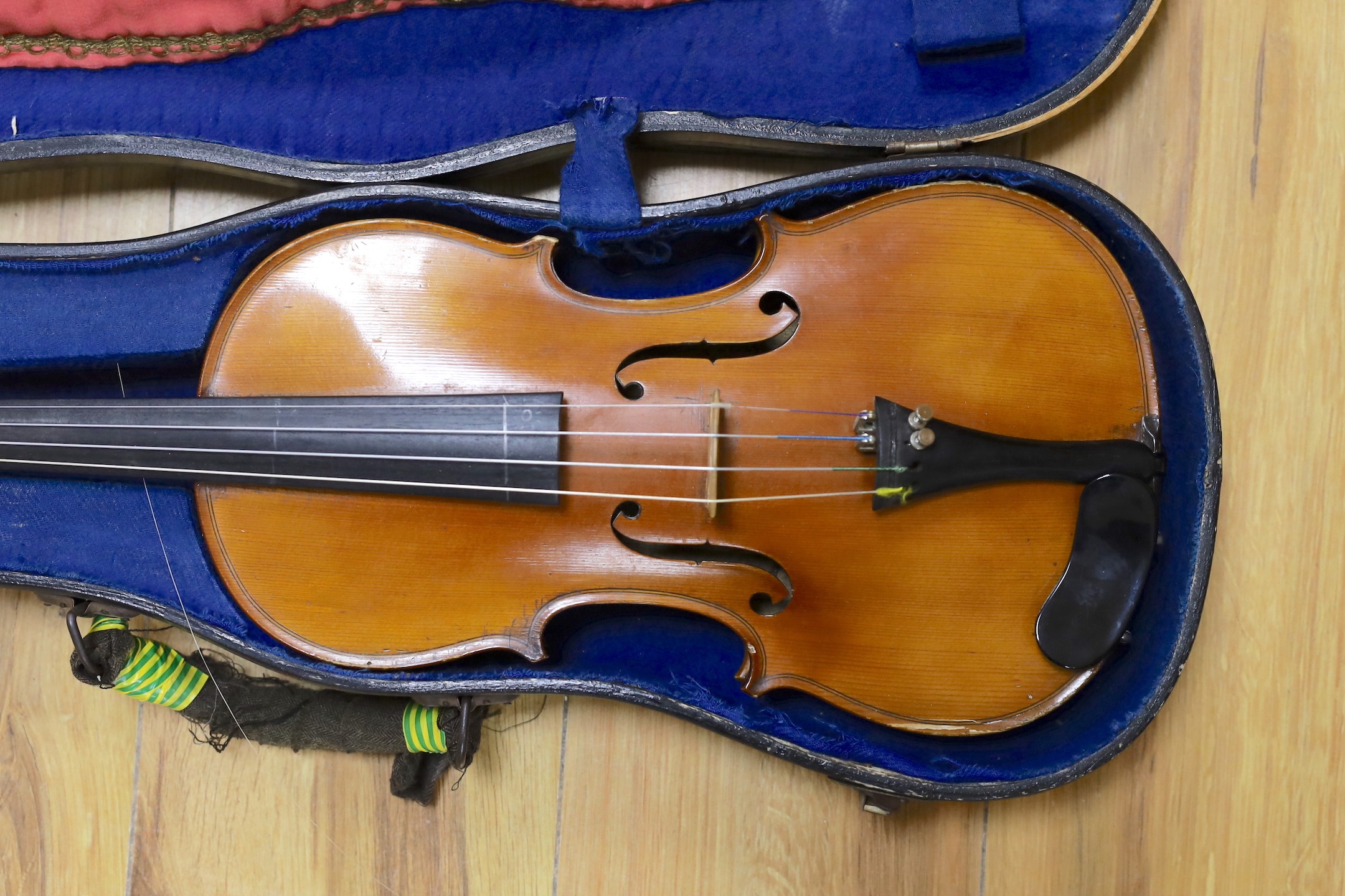 A French mid 20th century violin and one other and two bows